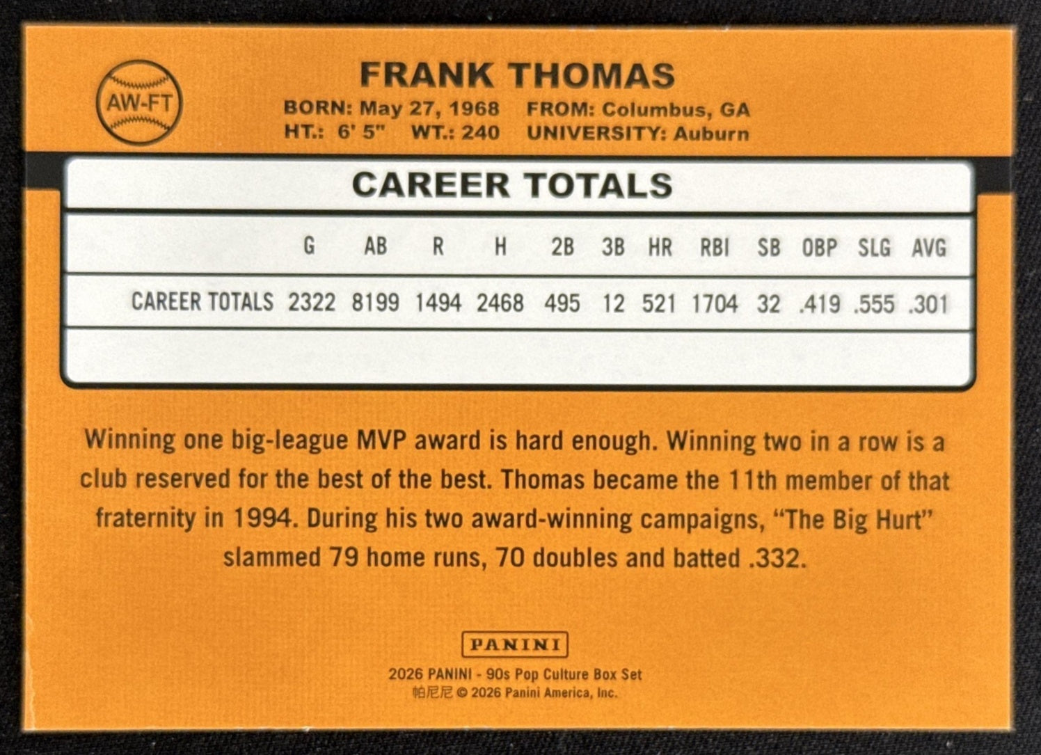 Frank Thomas 2026 Panini 90s Pop Culture Award Winners Sports Trading Card