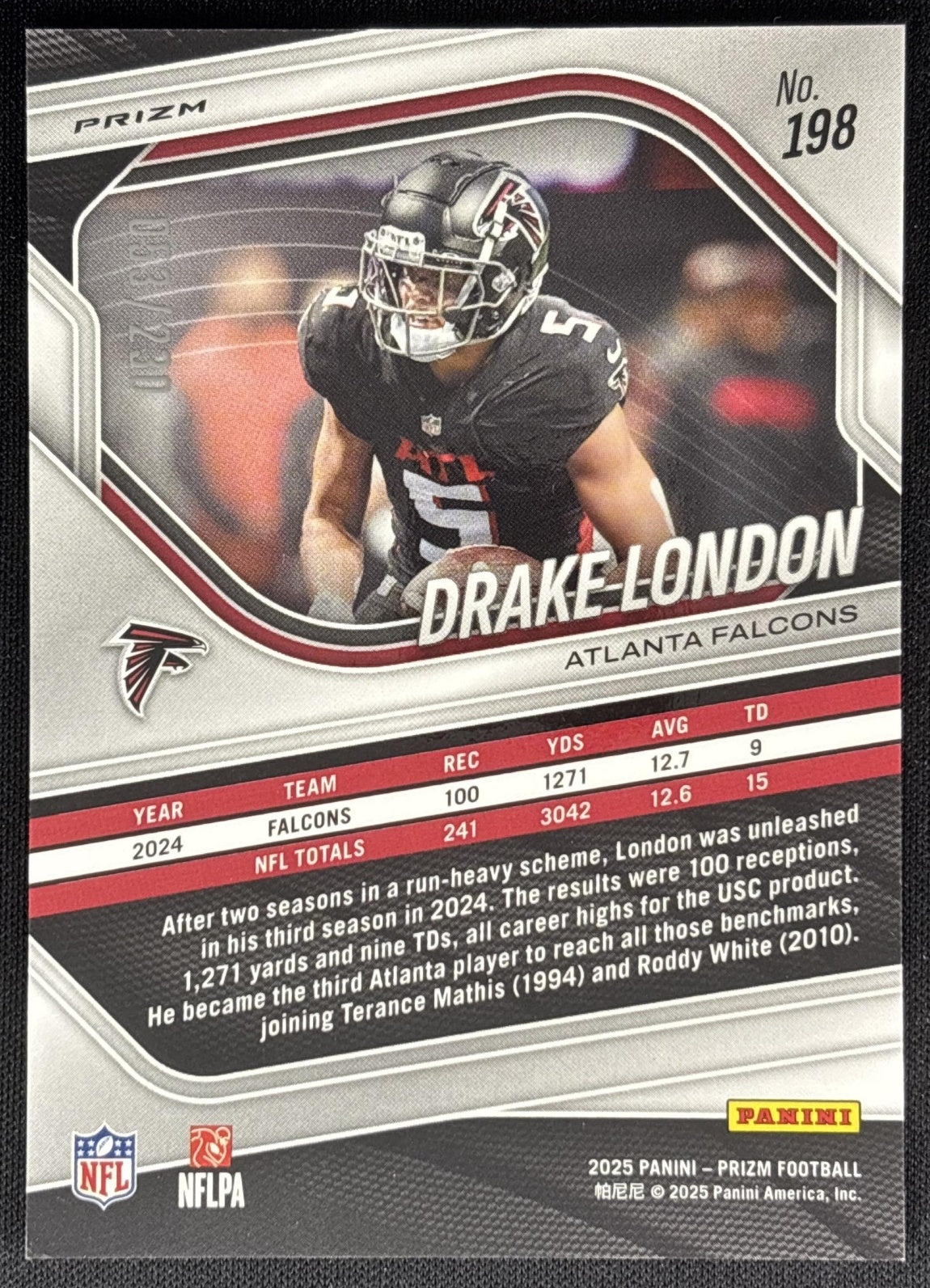 Drake London 2025 Panini Prizm Blue Wave /230 Falcons Sports Trading Card