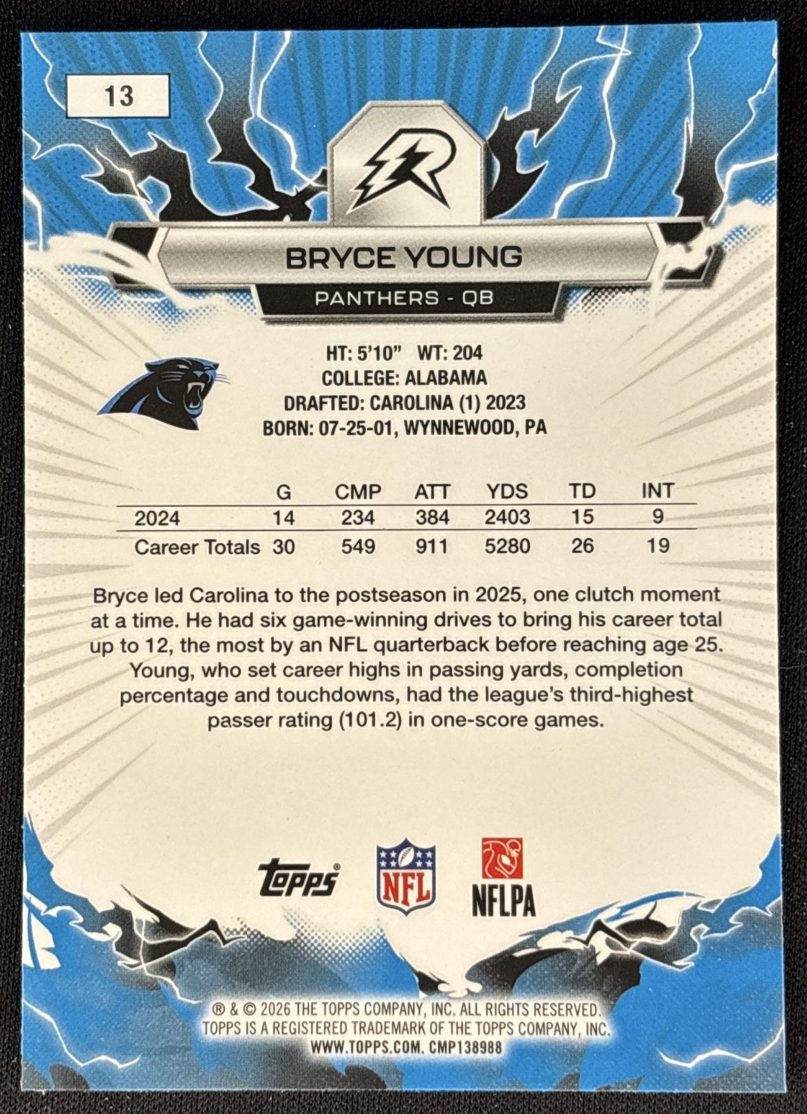Bryce Young 2025 Topps Resurgence Panthers Carolina Panthers back