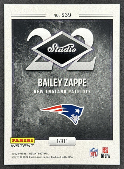 Bailey Zappe 2022 Panini Instant Studio Rookie /911 Patriots Jets back sports trading card