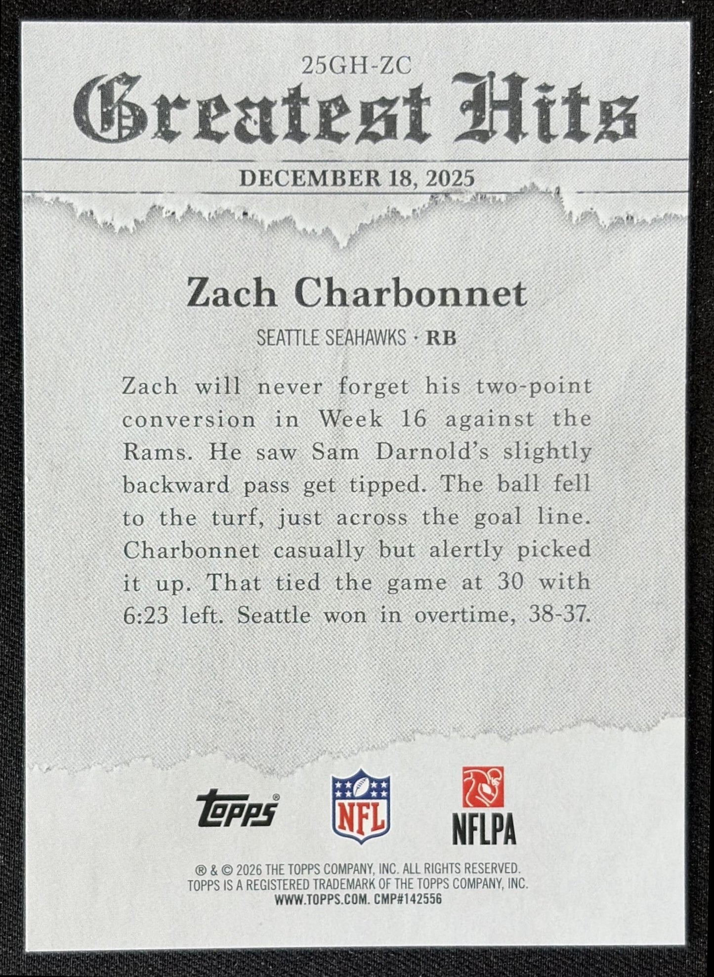 Zach Charbonnet 2026 Topps 2025 Greatest Hits Seahawks back