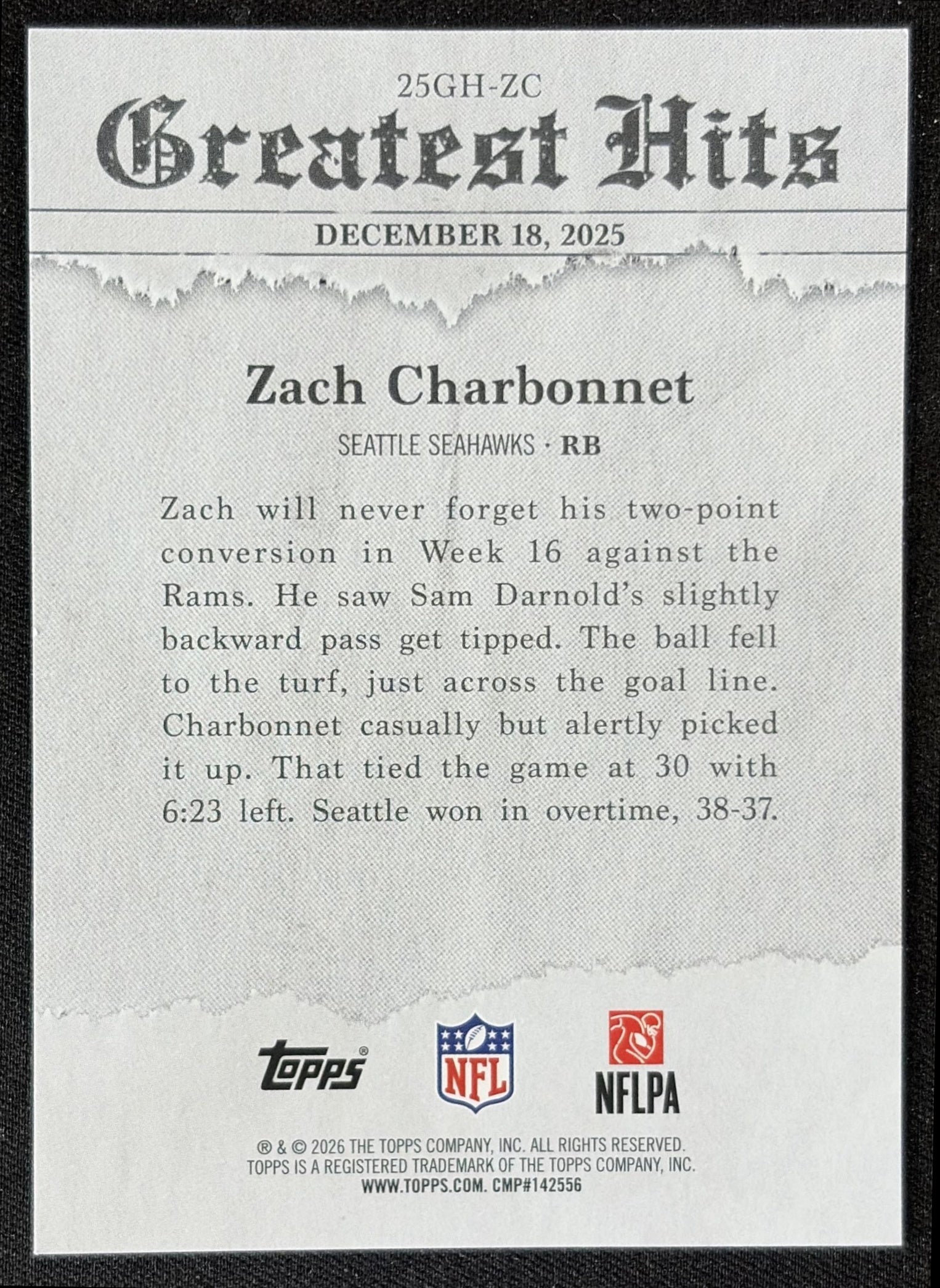 Zach Charbonnet 2026 Topps 2025 Greatest Hits Seahawks back