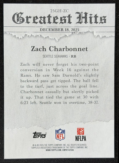 Zach Charbonnet 2026 Topps 2025 Greatest Hits Seahawks back