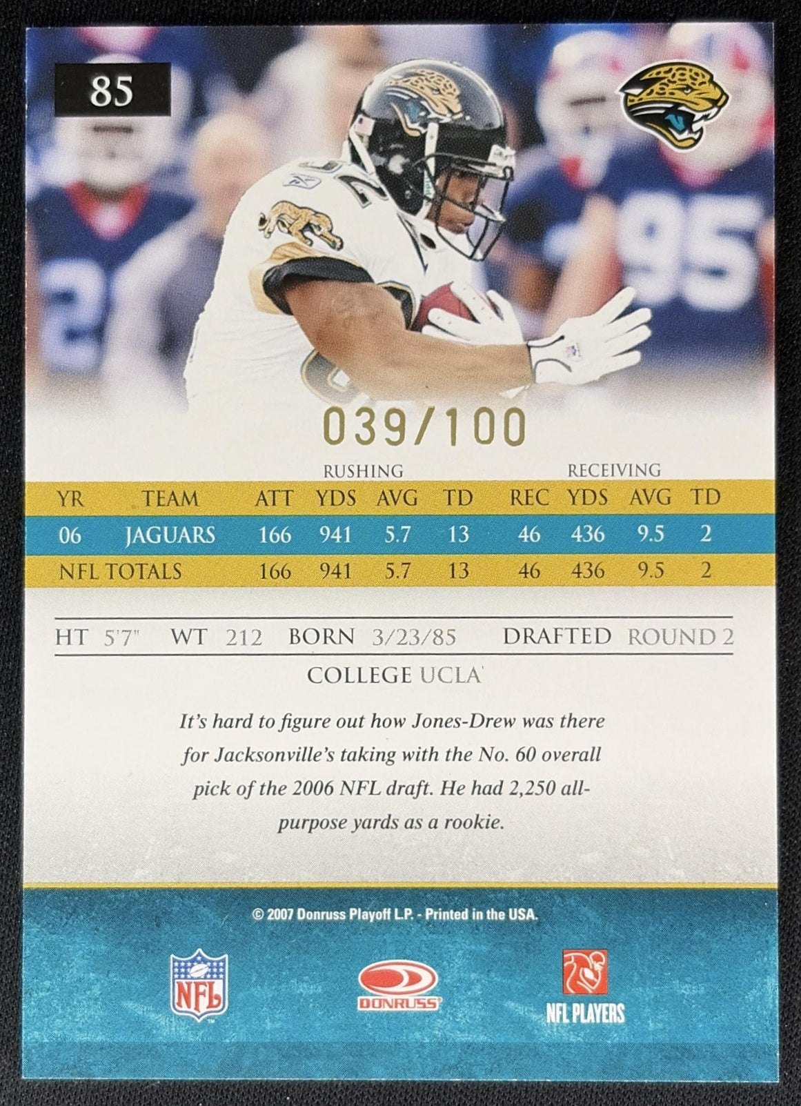 Maurice Jones-Drew 2007 Donruss Gridiron Gear Gold Holofoil X's /100 Jaguars