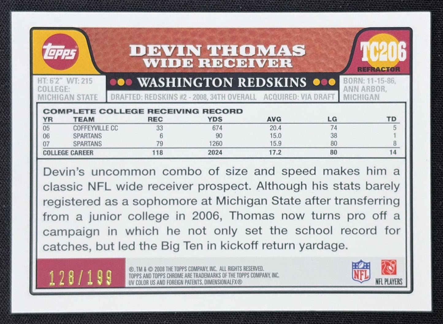 Devin Thomas 2008 Topps Chrome Gold Refractor /199 Redskins back