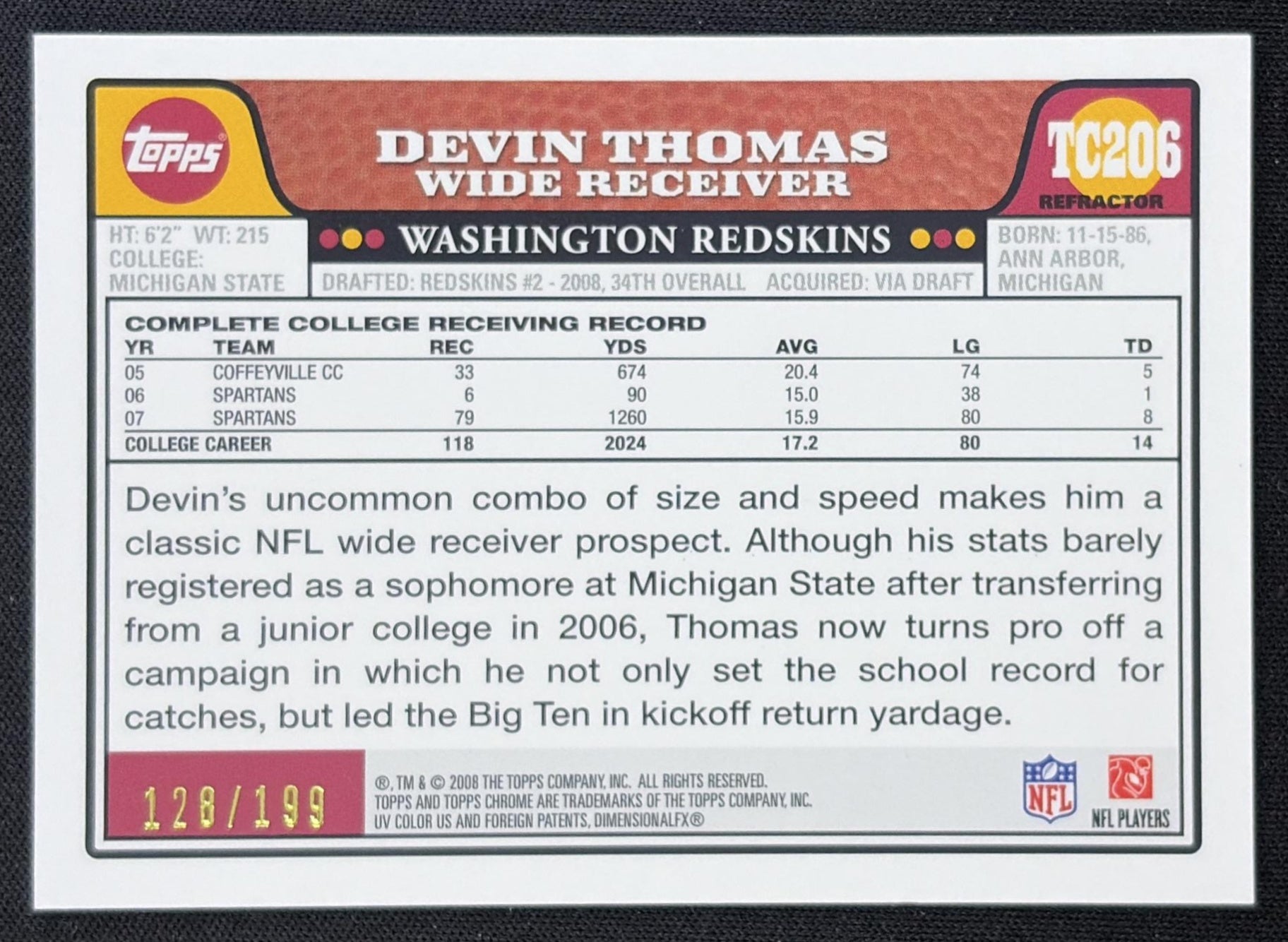 Devin Thomas 2008 Topps Chrome Gold Refractor /199 Redskins back