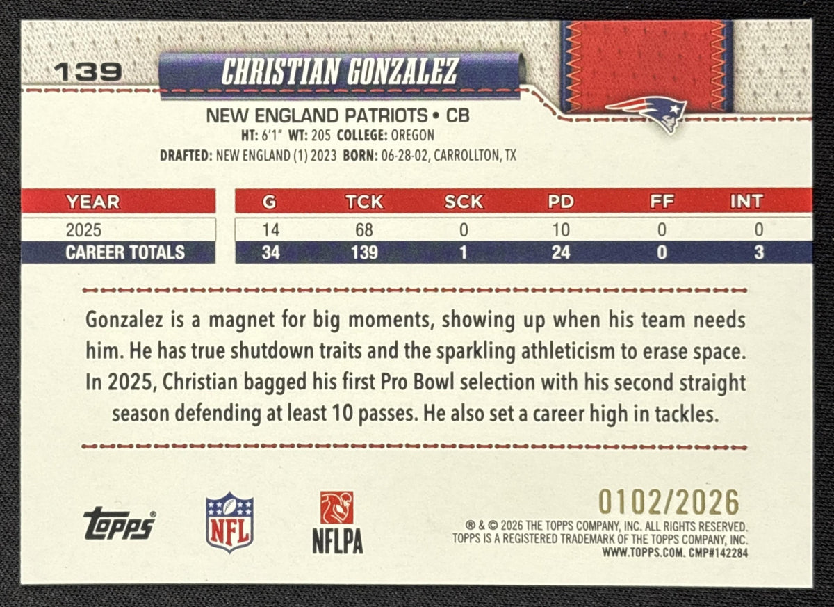 Christian Gonzalez 2026 Topps Gold /2026 Patriots