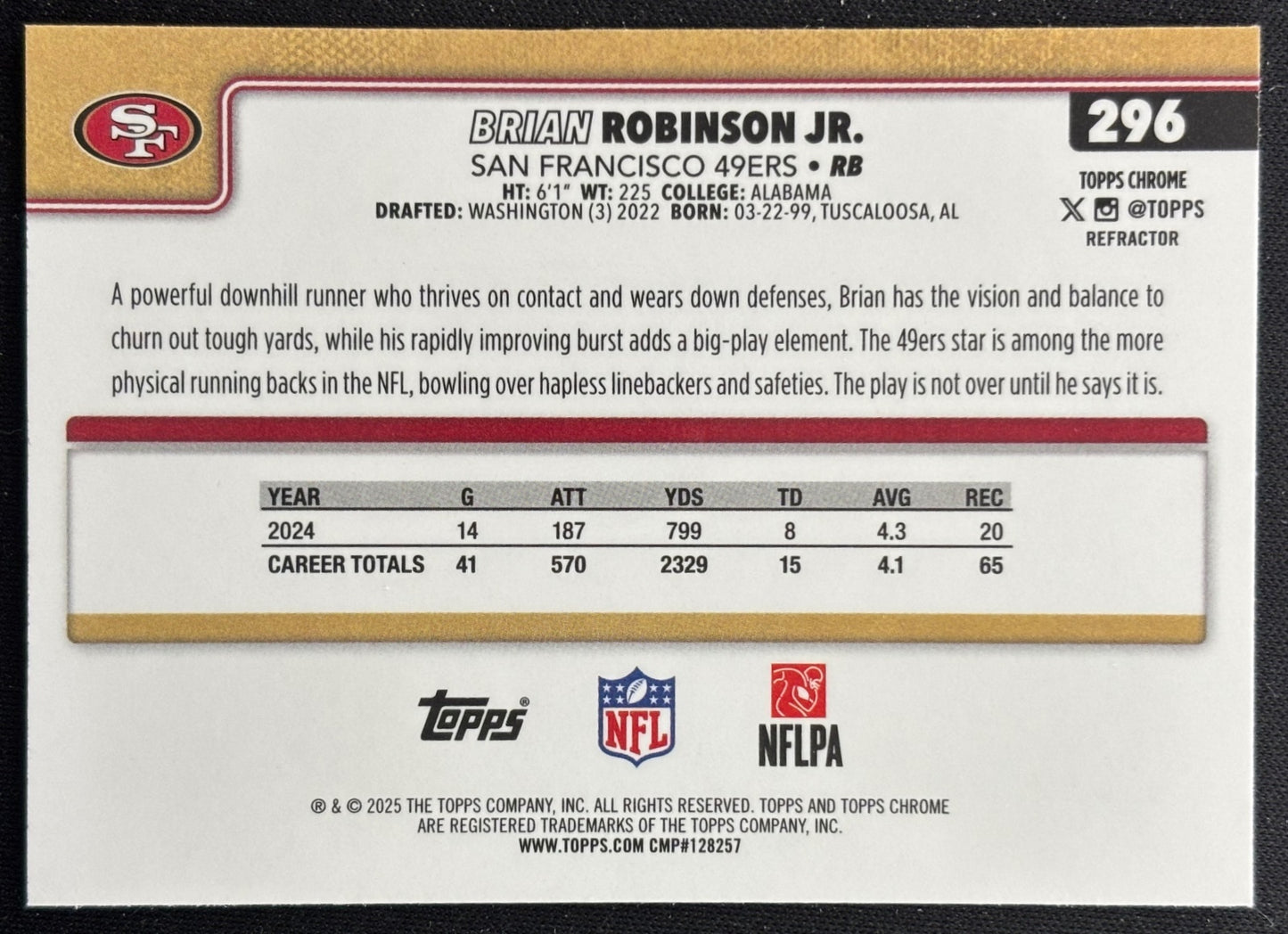 Brian Robinson Jr. 2025 Chrome Refractor 49ers Sports Trading Cards