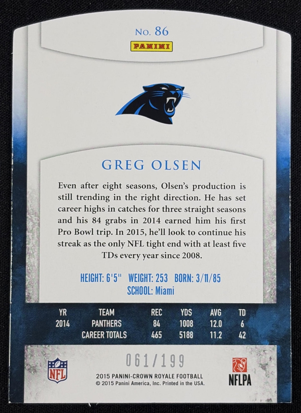 Greg Olsen 2015 Panini Crown Royale Retail Pewter /199 Panthers sports trading card back