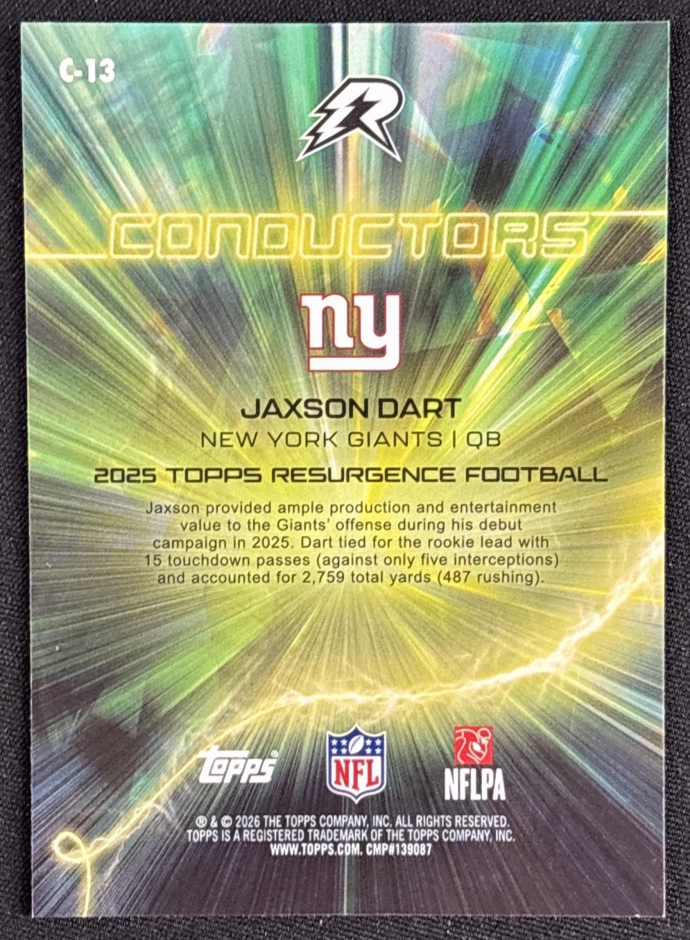 Jaxson Dart 2025 Topps Resurgence Conductors Giants