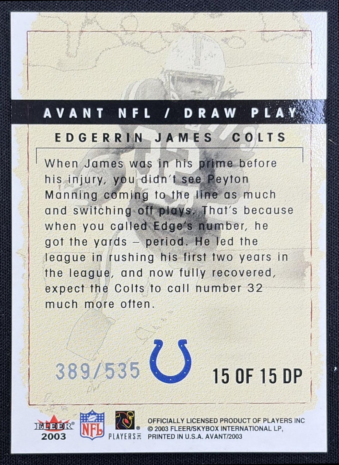 Edgerrin James 2003 Fleer Avant Draw Play /535 Colts