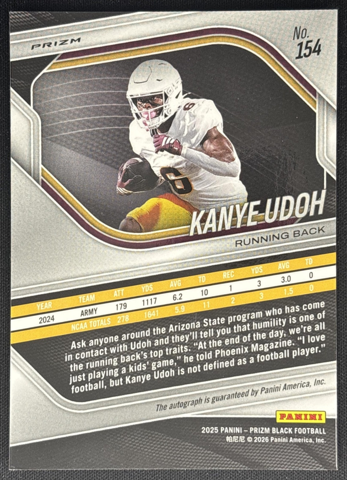 Kanye Udoh 2025 Panini Prizm Black Prospects Auto Sun Devils back