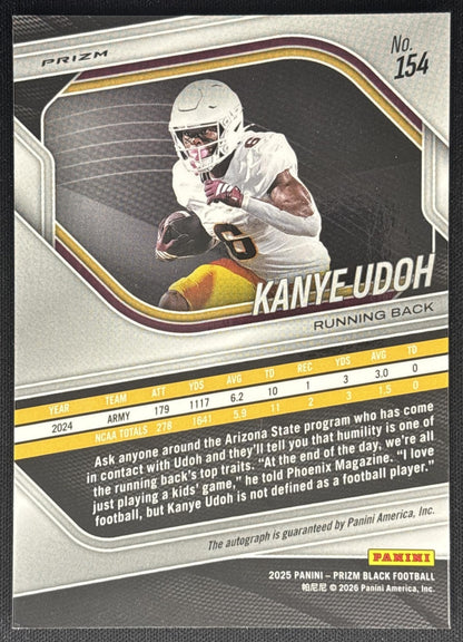 Kanye Udoh 2025 Panini Prizm Black Prospects Auto Sun Devils back