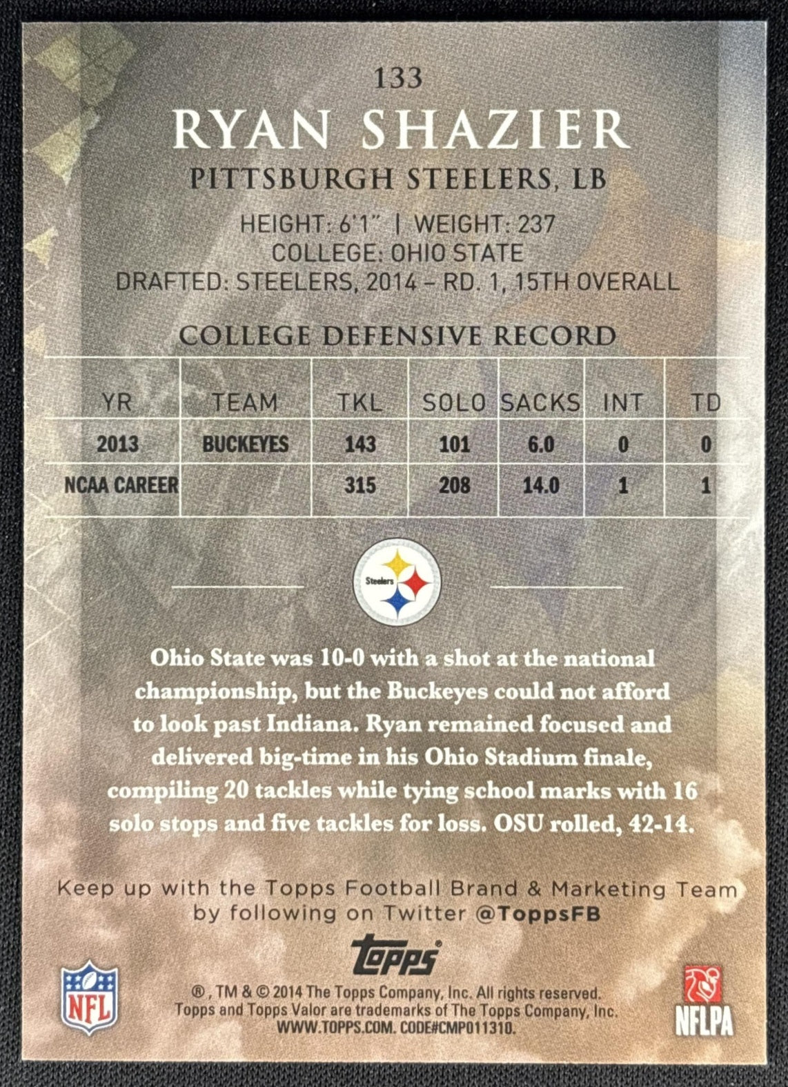 Ryan Shazier 2014 Topps Valor Strength /499 Steelers back