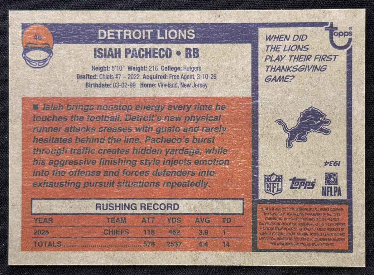Isiah Pacheco 2026 Topps Heritage Chrome Pink Sparkle Lions Sports Trading Card
