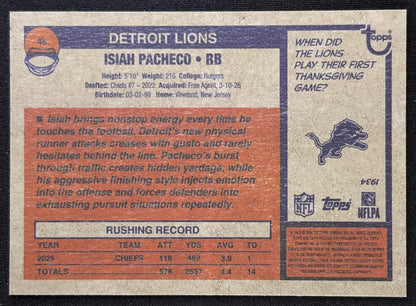 Isiah Pacheco 2026 Topps Heritage Chrome Pink Sparkle Lions Sports Trading Card