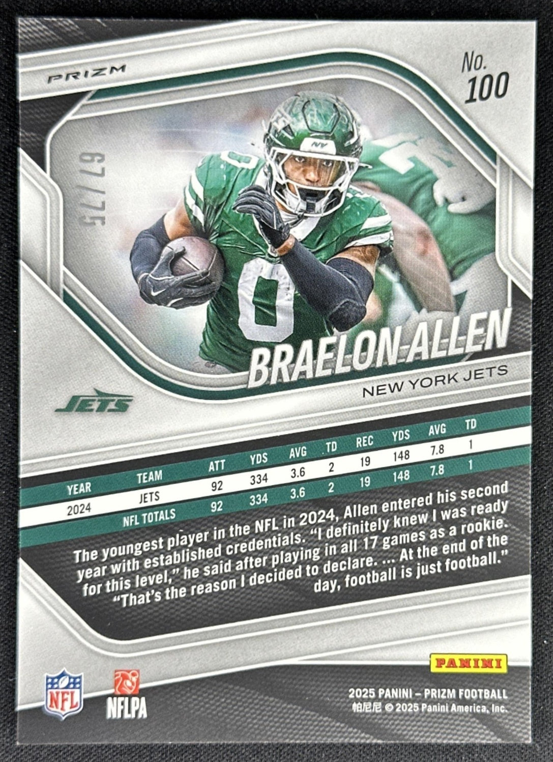 Braelon Allen 2025 Panini Prizm Green Scope /75 Jets