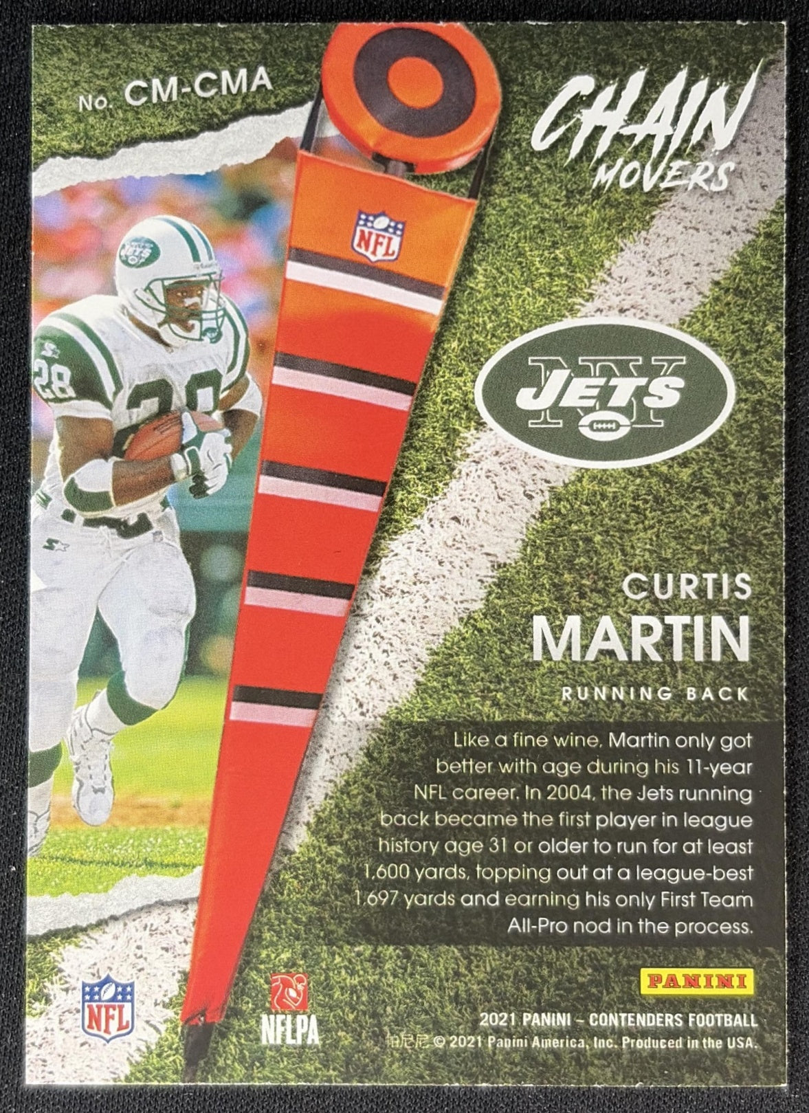 Curtis Martin 2021 Panini Contenders Chain Movers Sapphire Jets back