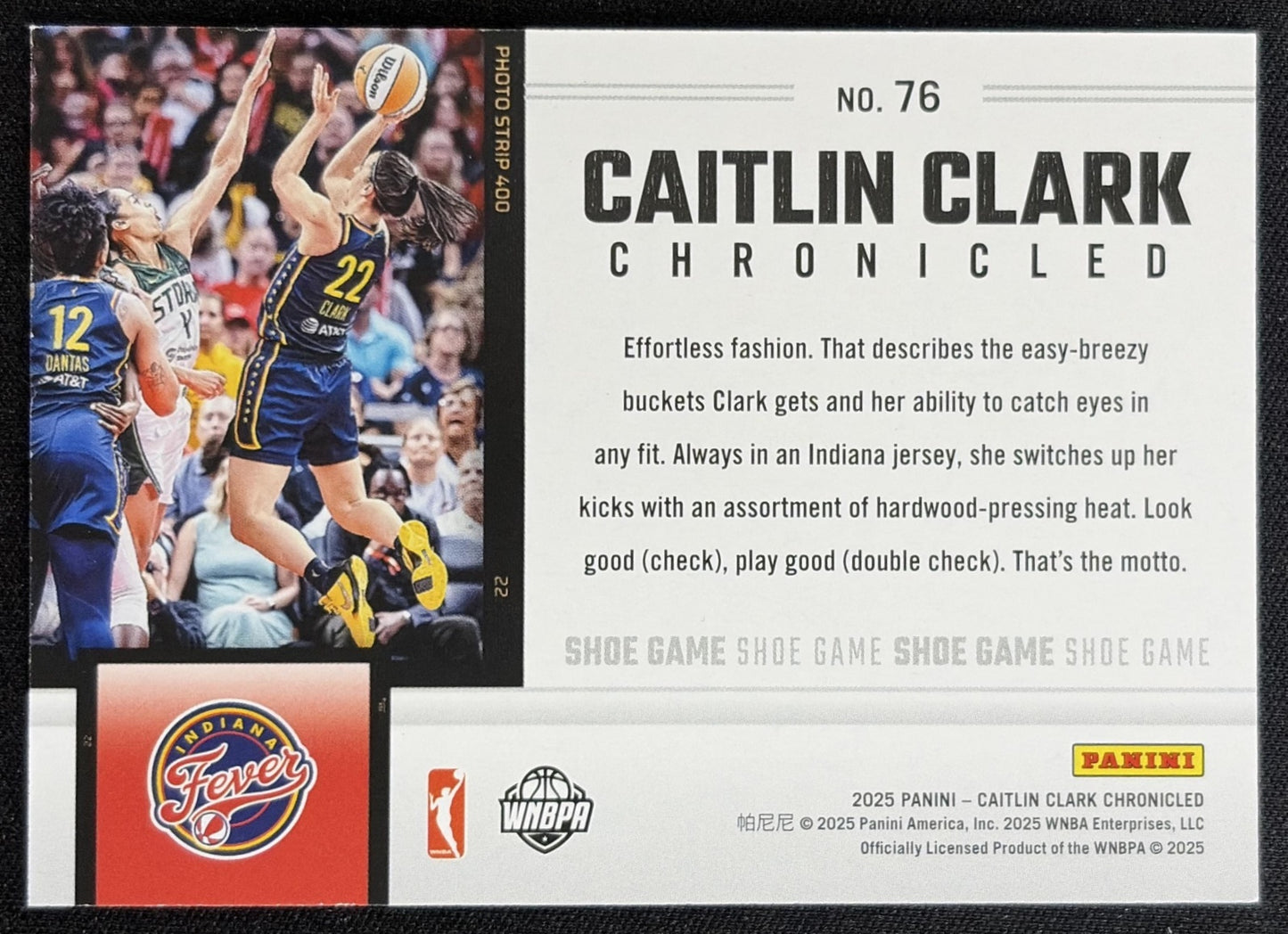 Caitlin Clark 2025 Panini Chronicled Shoe Game Holo Fever 76