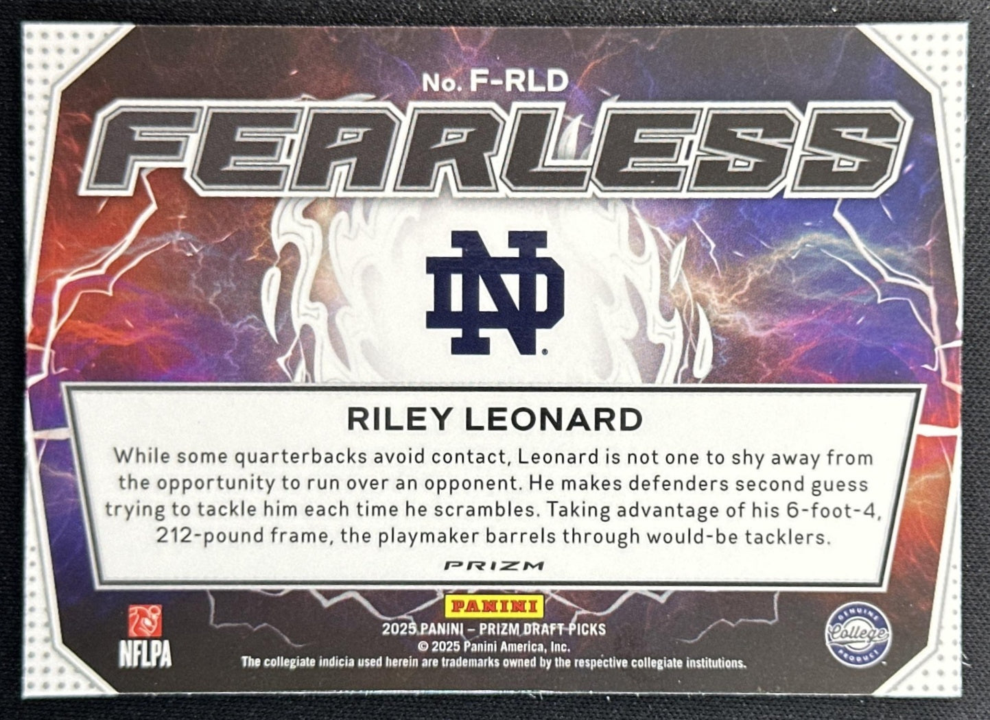 Riley Leonard 2025 Panini Prizm Draft Picks Fearless Gold Ice Fighting Irish Sports Trading Cards