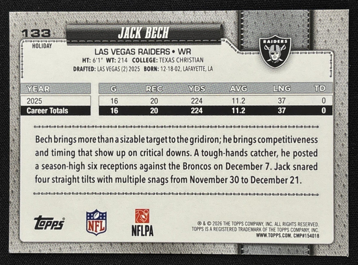 Jack Bech 2026 Topps Holiday Glitter Raiders | Las Vegas Raiders
