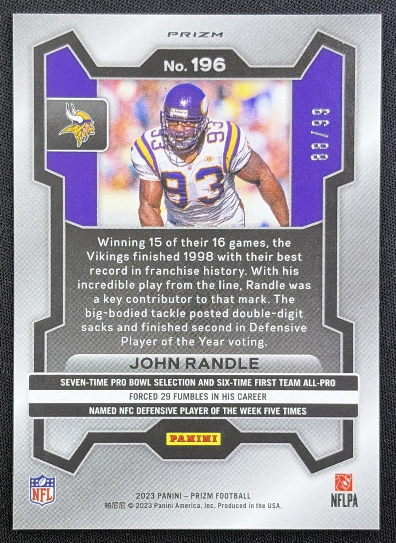 John Randle 2023 Panini Prizm Blue Ice /99 Vikings back