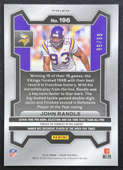 John Randle 2023 Panini Prizm Blue Ice /99 Vikings back