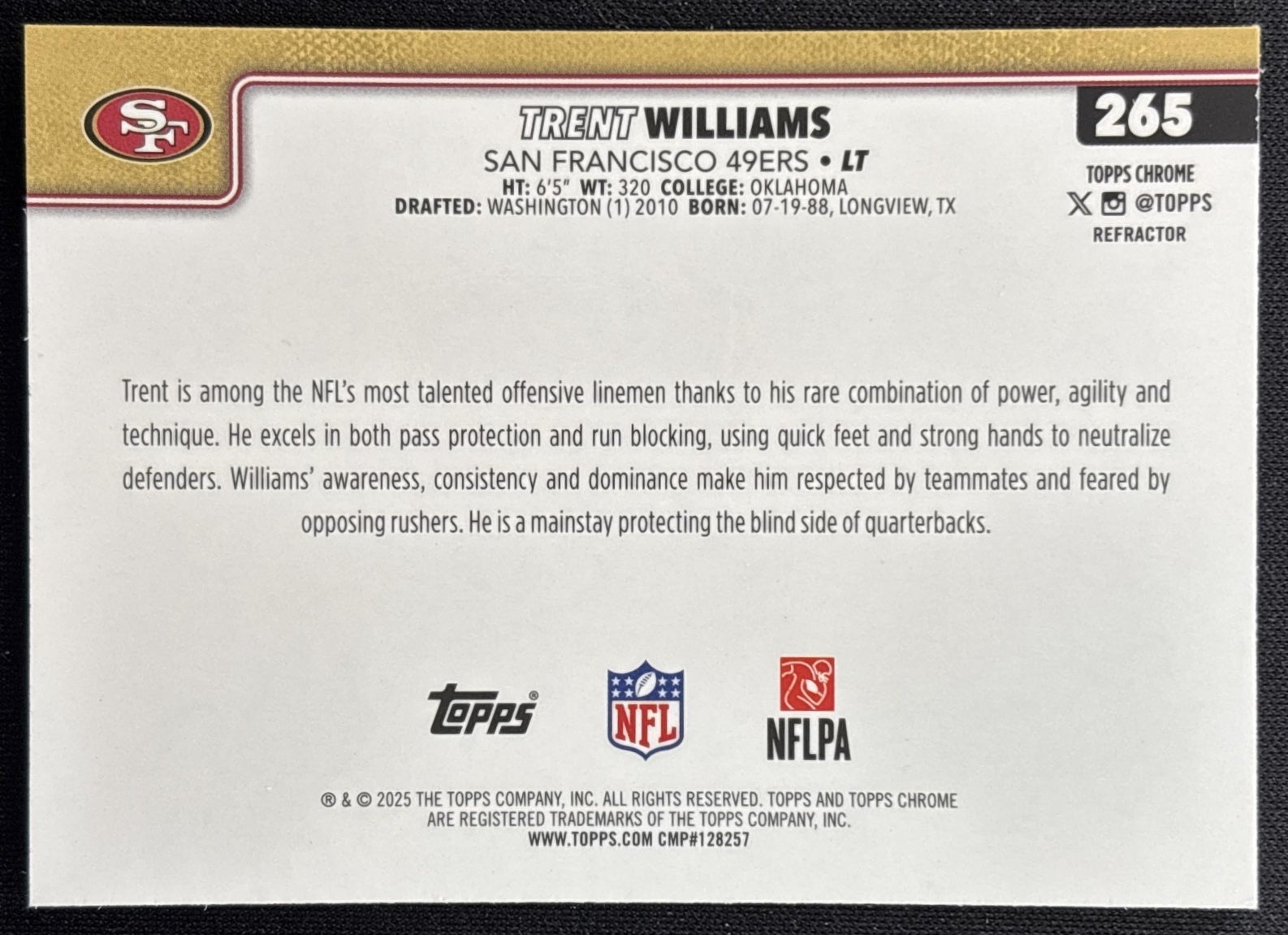 Trent Williams 2025 Topps Chrome Pulsar Refractor 49ers Sports Trading Cards