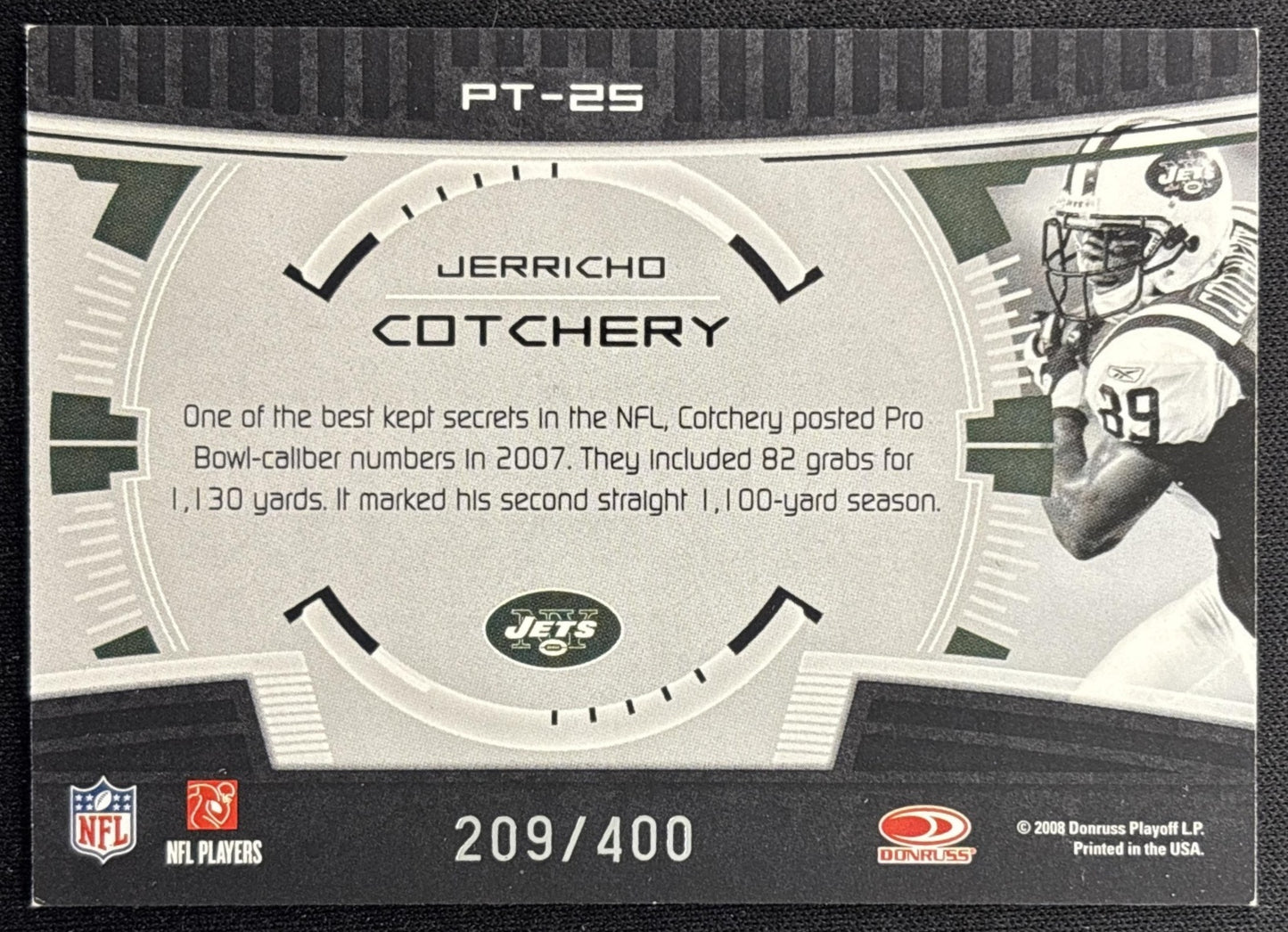 Jerricho Cotchery 2008 Donruss Elite Prime Targets Black /400 Jets back