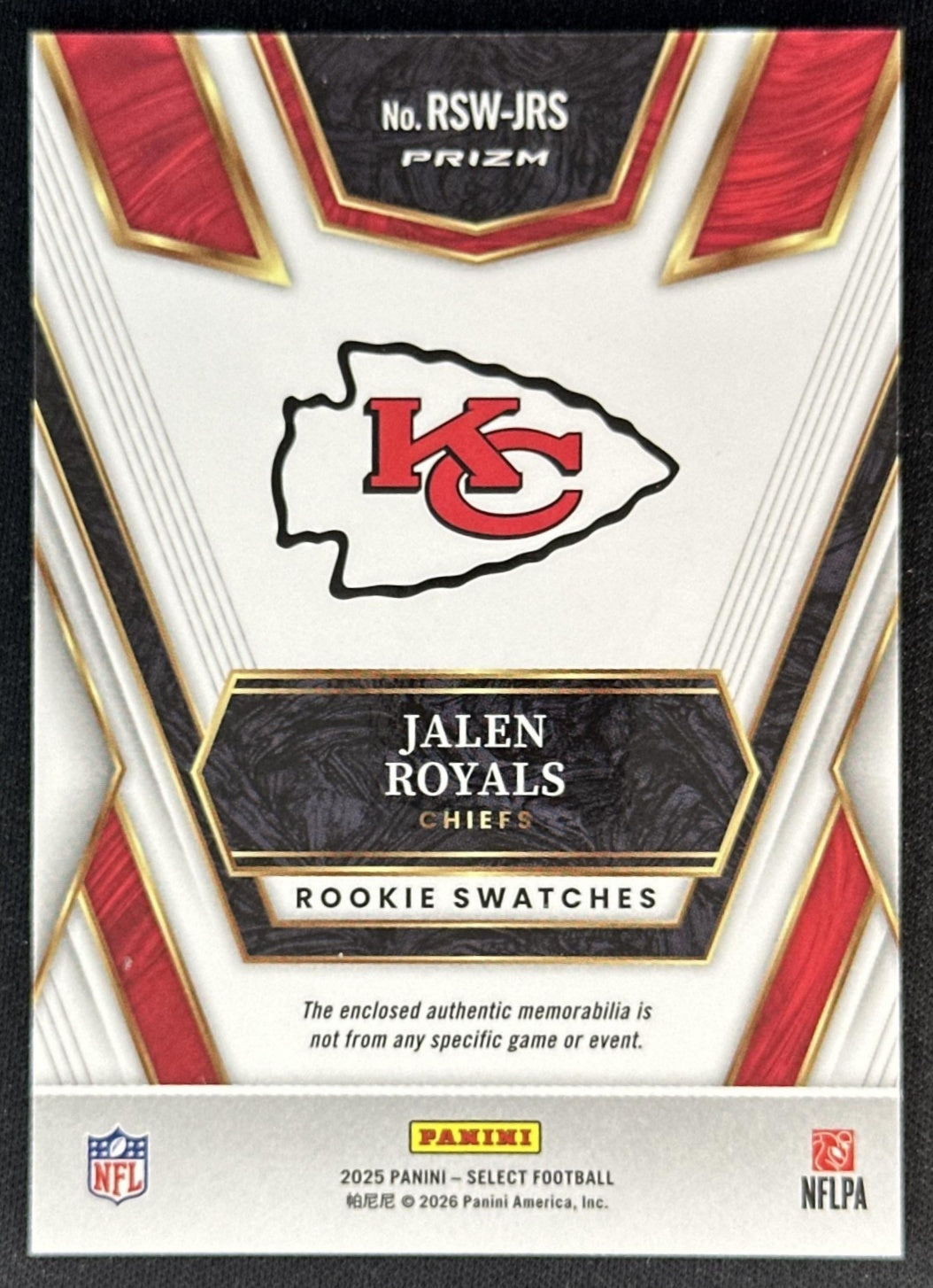 Jalen Royals 2025 Panini Select Rookie Swatches Red Prizm Chiefs Sports Trading Cards
