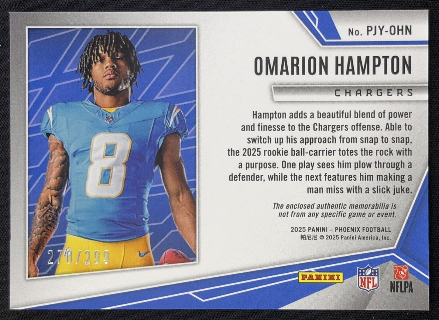 Omarion Hampton 2025 Panini Phoenix Rookie Phenom Jersey Red Prizm /299 Chargers Los Angeles Chargers