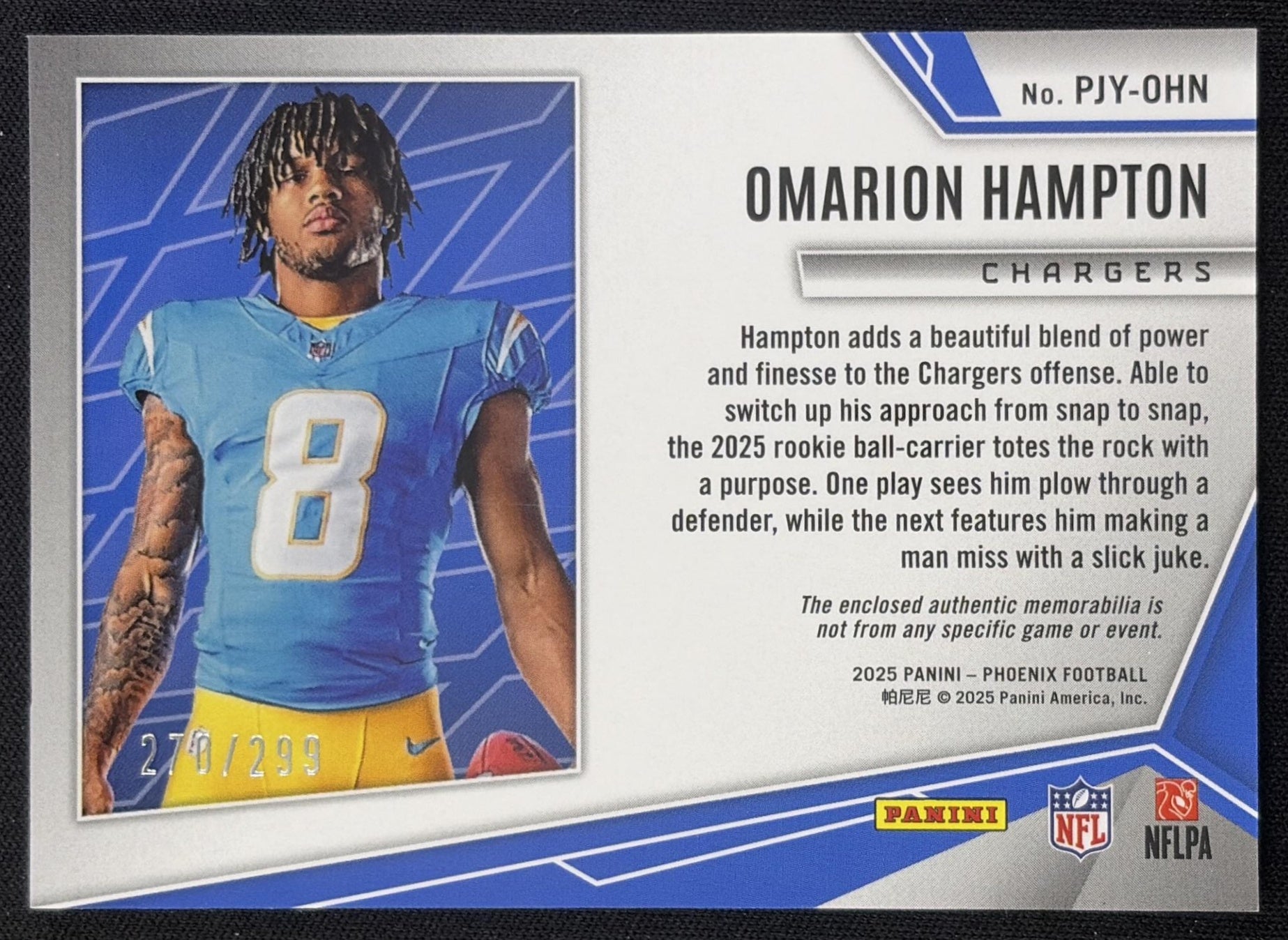 Omarion Hampton 2025 Panini Phoenix Rookie Phenom Jersey Red Prizm /299 Chargers Los Angeles Chargers