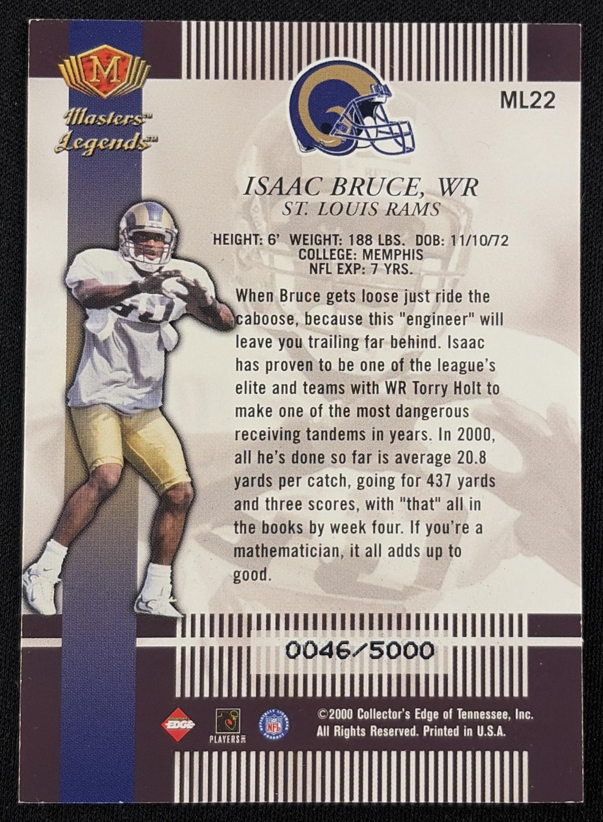 Back of Isaac Bruce 2000 Collector's Edge Masters Legends /5000 Rams sports trading card