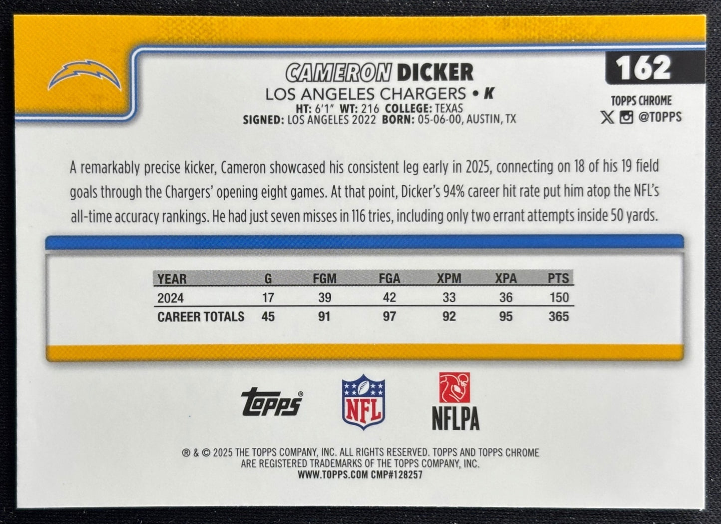 Cameron Dicker 2025 Topps Chrome Red/White/Blue Refractor Chargers Sports Trading Cards