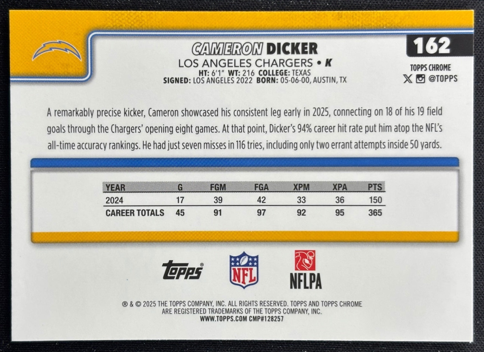Cameron Dicker 2025 Topps Chrome Red/White/Blue Refractor Chargers Sports Trading Cards