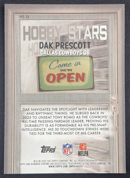Dak Prescott 2026 Bowman Hobby Stars Chrome Cowboys Sports Trading Card
