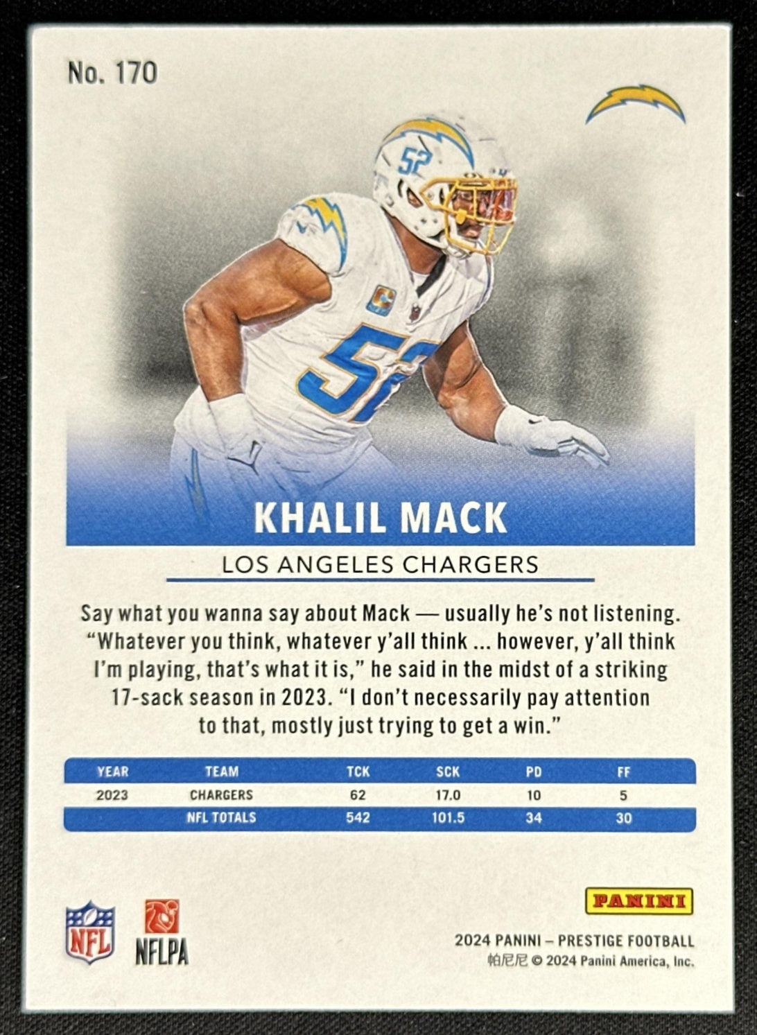 Khalil Mack 2024 Panini Prestige Blue Premium Xtra Points /299 Chargers