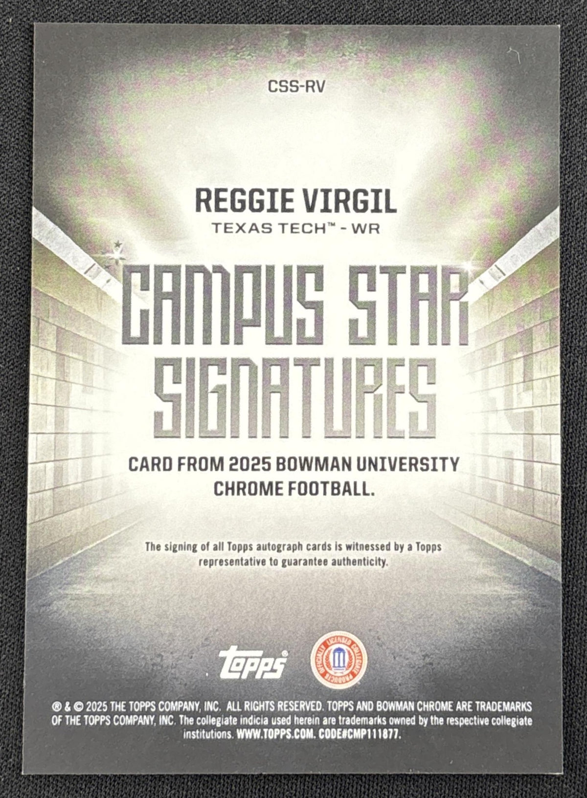 Reggie Virgil 2025 Bowman Chrome University Campus Star Signature Green Refractor /99 Red Raiders Sports Trading Card