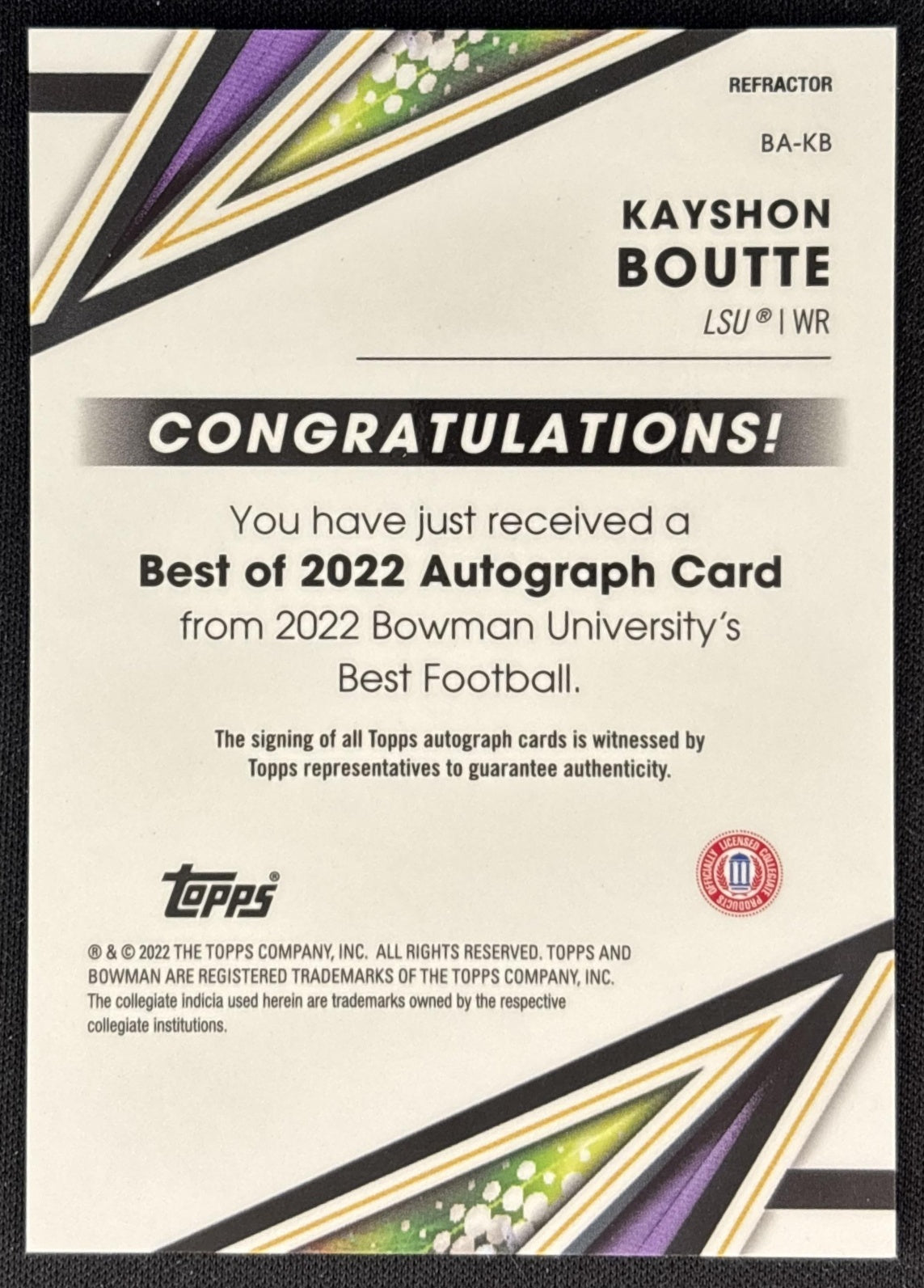 Kayshon Boutte 2022 Bowman's Best University Best of Auto Refractor Tigers back