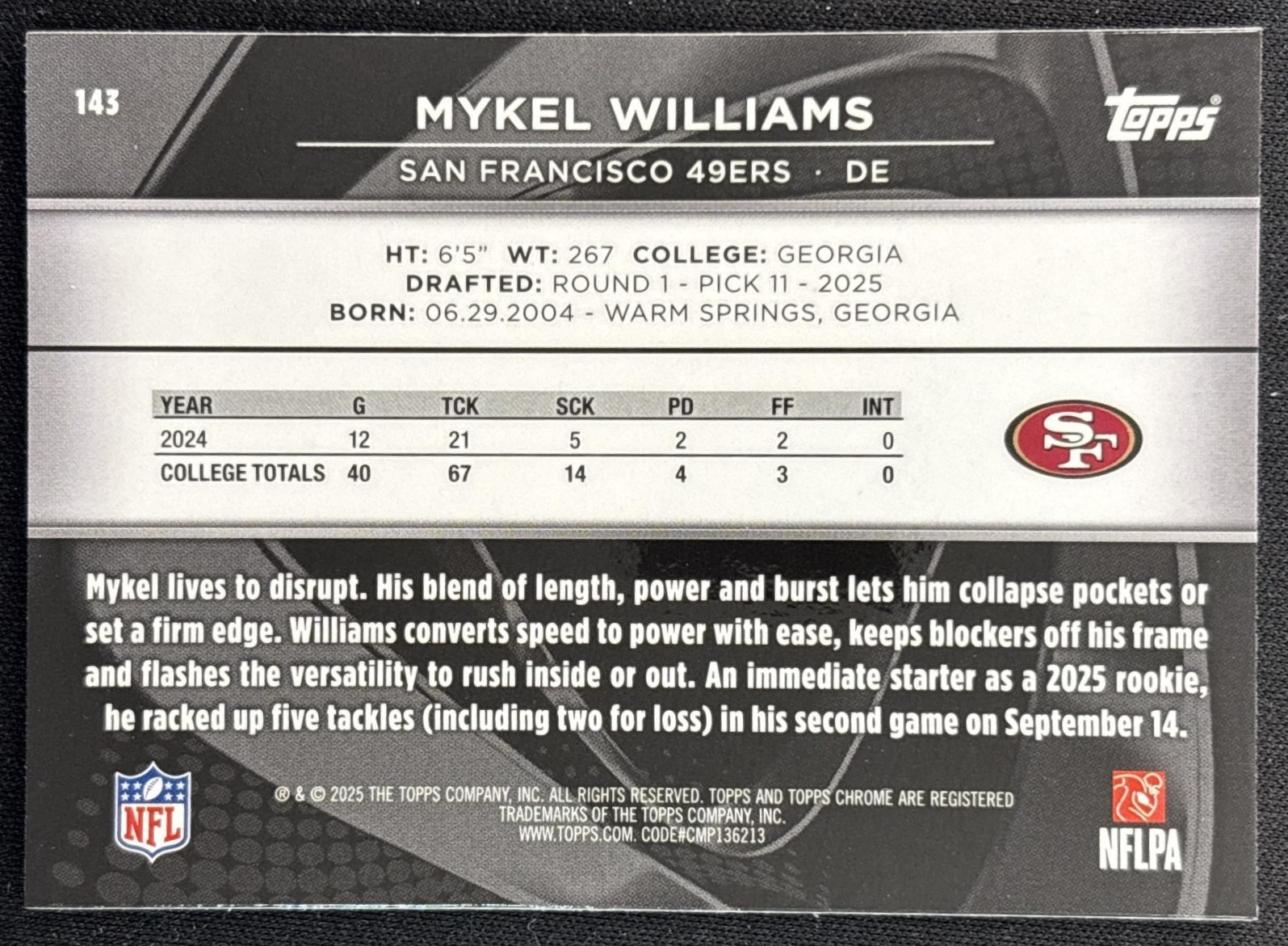 Mykel Williams 2025 Topps Chrome Black 49ers back