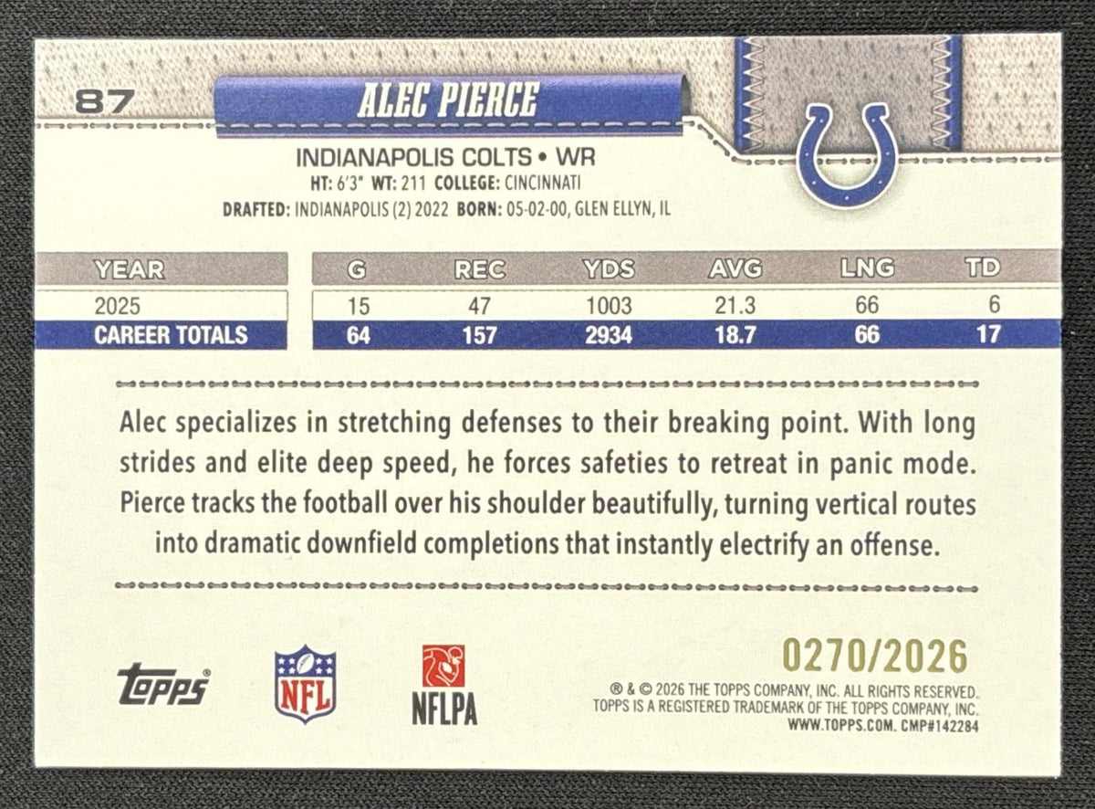Alec Pierce 2026 Topps Gold /2026 Colts Sports Trading Card
