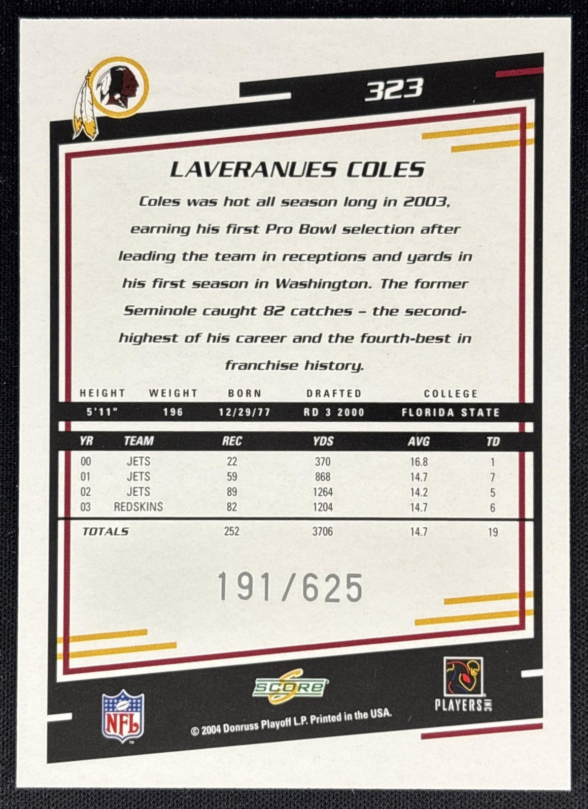 Laveranues Coles 2004 Score Scorecard /625 Redskins back