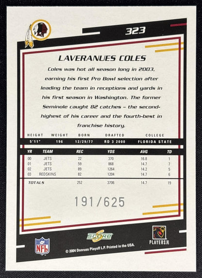 Laveranues Coles 2004 Score Scorecard /625 Redskins back