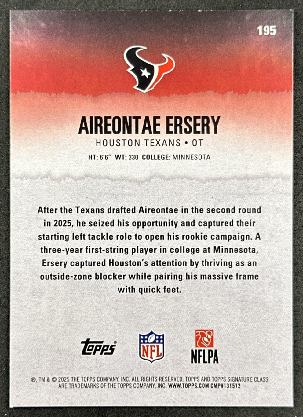Aireontae Ersery 2025 Topps Signature Class Rookie Blue & Yellow Foil Texans back