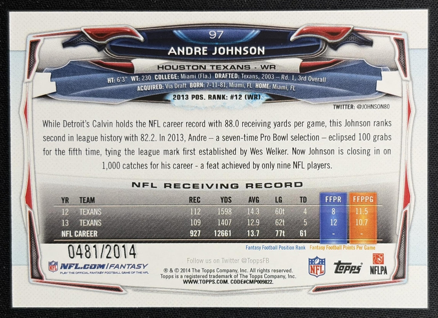 Andre Johnson 2014 Topps Gold /2014 Texans Sports Trading Cards