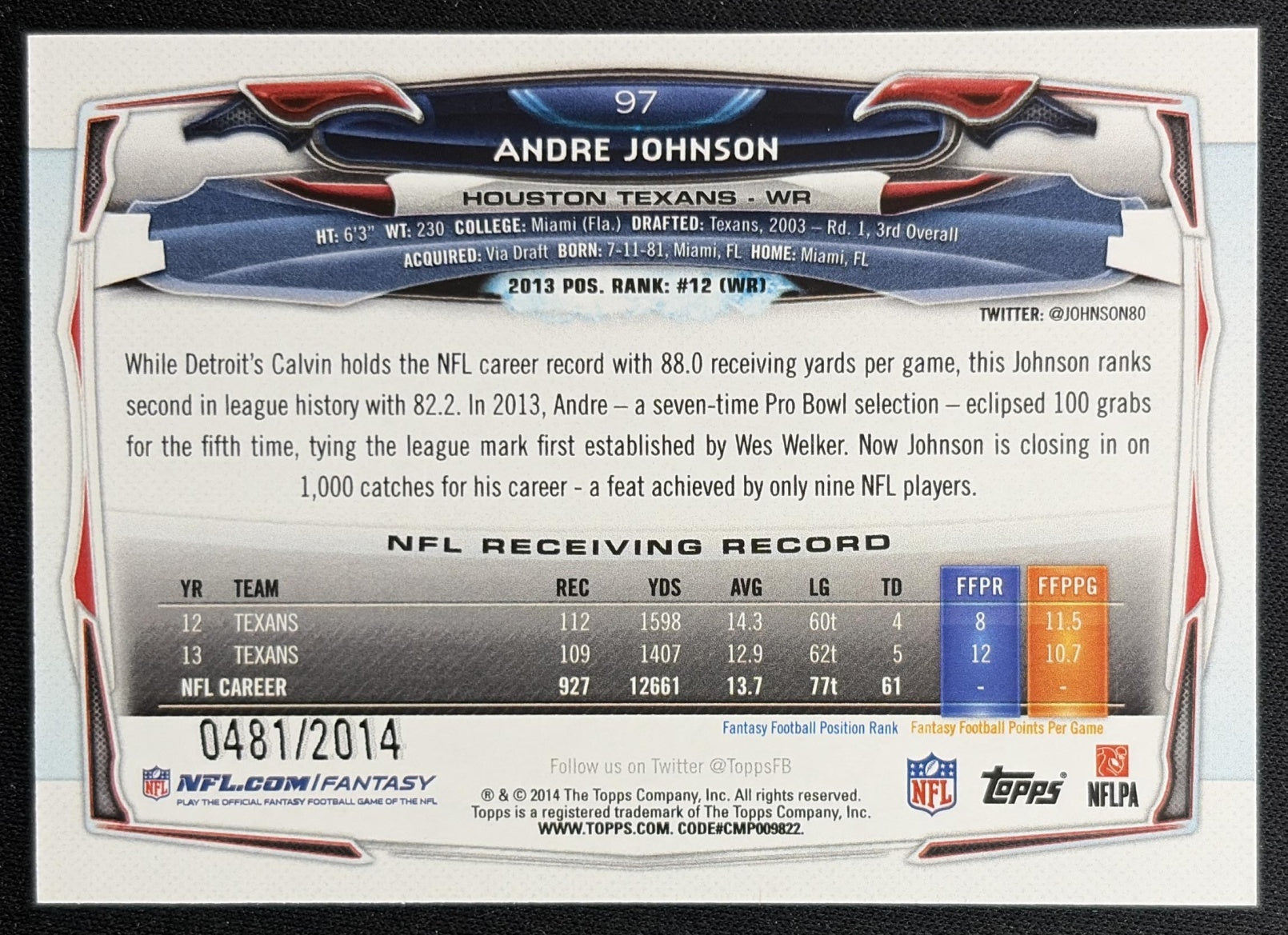 Andre Johnson 2014 Topps Gold /2014 Texans Sports Trading Cards