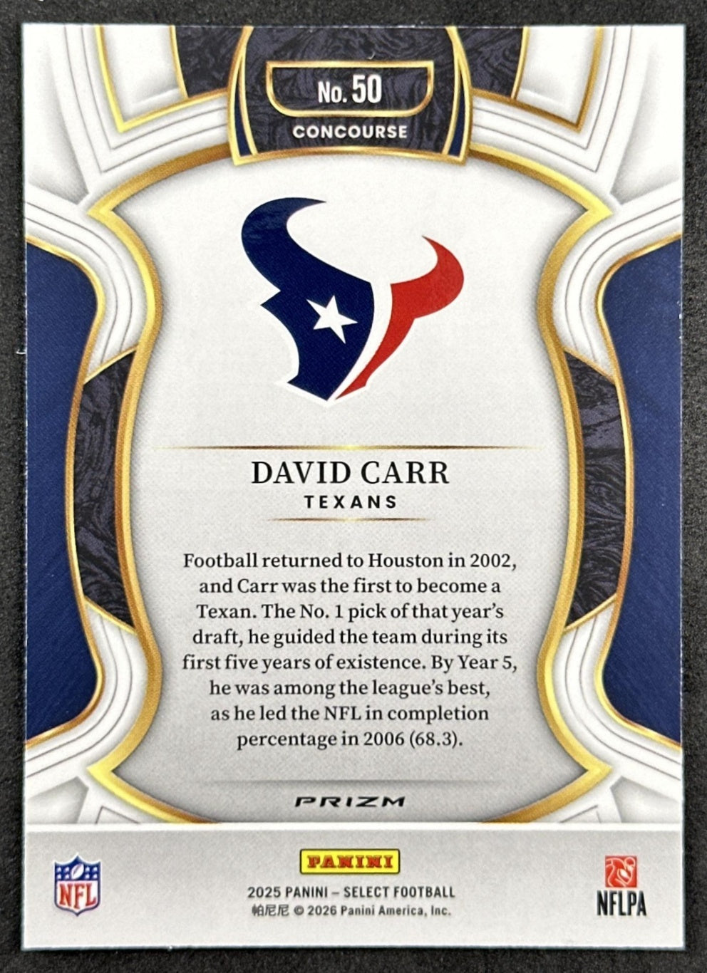 David Carr 2025 Panini Select Concourse Black and Green Prizm Shock Texans Back