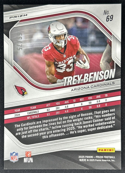 Trey Benson 2025 Panini Prizm Green Scope /75 Cardinals Back