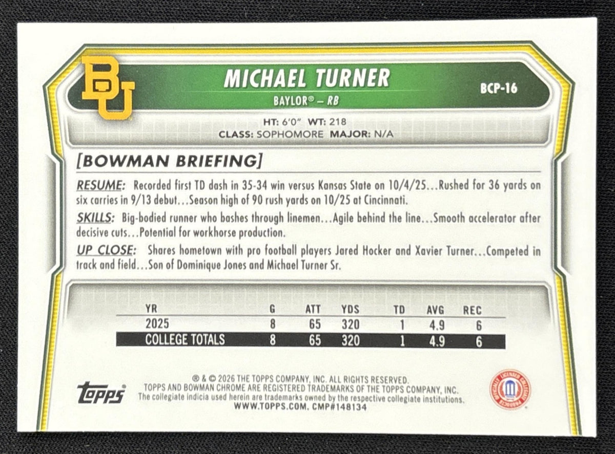 Michael Turner 2026 Bowman Chrome Prospects Mojo Refractor Bears back