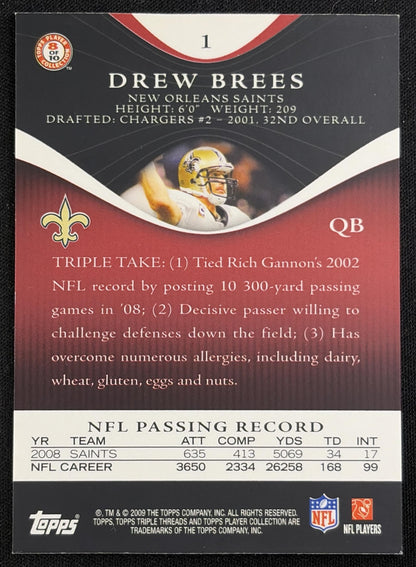 Drew Brees 2009 Topps Triple Threads /799 Saints sports trading card back